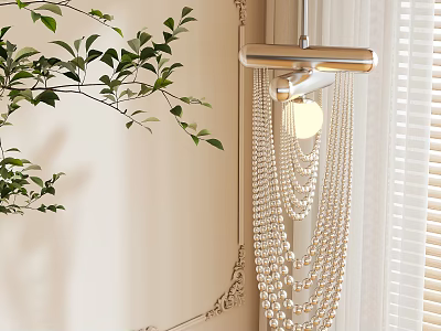 Elegant Pearl Strand Chandelier Hanging In Light Colored Interior With Green Plant And Decorative Frame 3d model