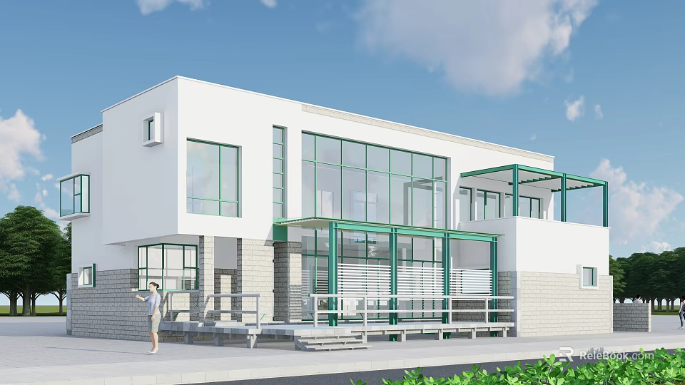 Modern Detached Villa With White Exterior Large Glass Windows Green Frames And Terrace 3d model 