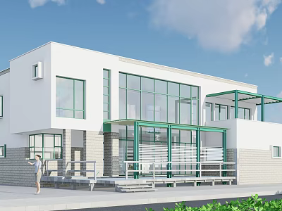 Modern Detached Villa With White Exterior Large Glass Windows Green Frames And Terrace 3d model
