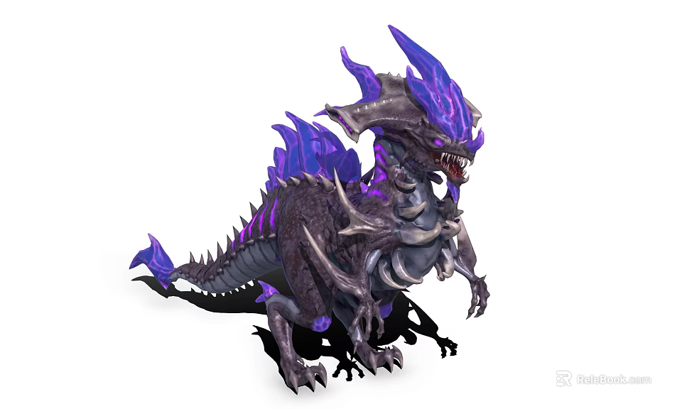 Fierce Purple And Black Dragon Like Creature With Sharp Horns Fins And Teeth 3d model 