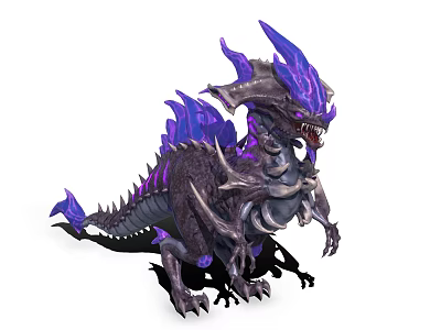 Fierce Purple And Black Dragon Like Creature With Sharp Horns Fins And Teeth 3d model