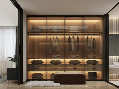 Modern Bedroom Interior Design Featuring Built In Glass Door Wardrobe Warm Lighting And Soft Rug 3d model