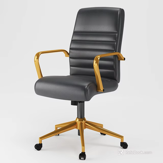 Ergonomic Black Leather Office Chair With Gold Armrests And Gold Base Wheels 3d model 