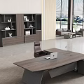 Modern Wooden Office Desk With Black Frame Laptop Bookshelf And Lake View Through Large Windows