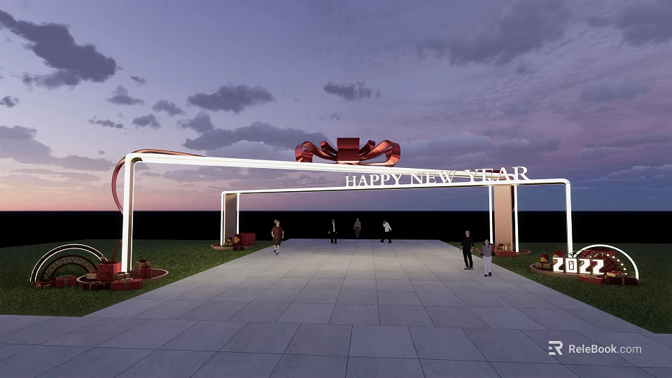 Event Gateway with Happy New Year Sign Red Bow Under Sunset Sky and People Walking 3d model 