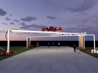 Event Gateway with Happy New Year Sign Red Bow Under Sunset Sky and People Walking 3d model