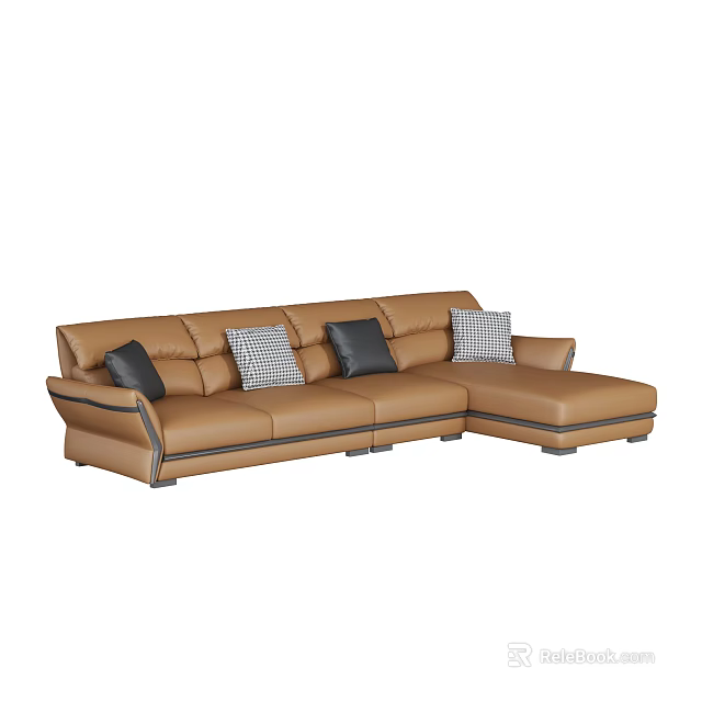 L Shaped Brown Leather Sofa Set With Black And Checkered Cushions 3d model