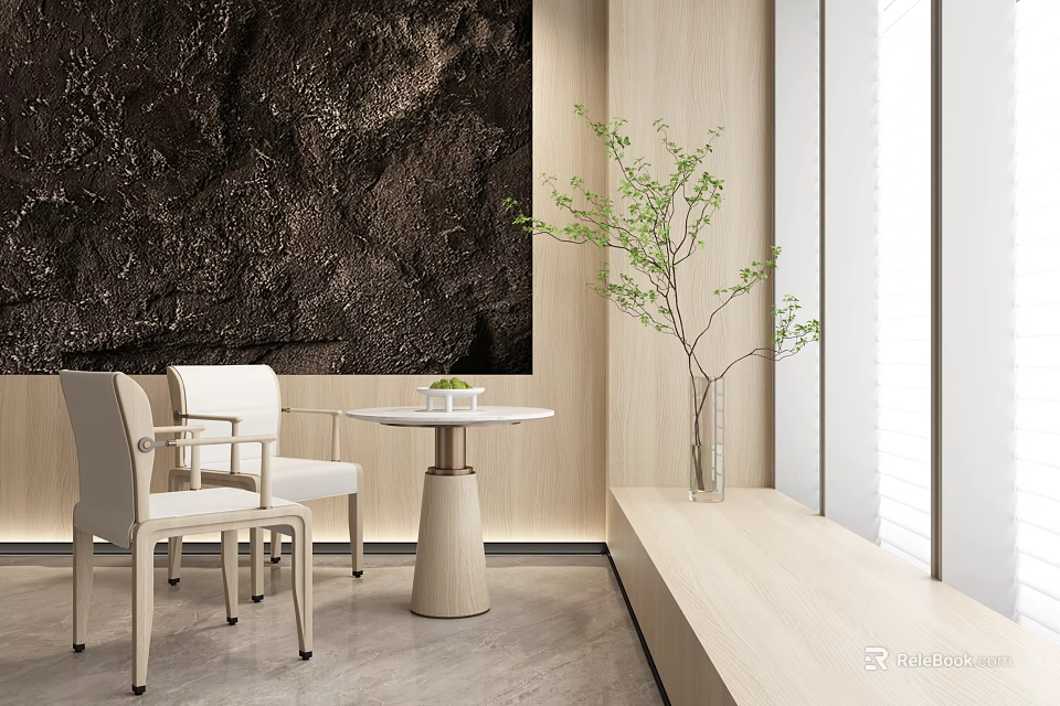 Modern Minimalist Interior With Round Table And White Chairs Set Stone Wall And Green Plant 3d model 