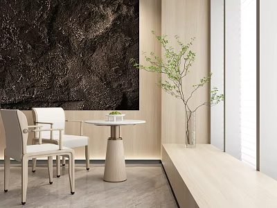 Modern Minimalist Interior With Round Table And White Chairs Set Stone Wall And Green Plant 3d model
