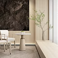 Modern Minimalist Interior With Round Table And White Chairs Set Stone Wall And Green Plant