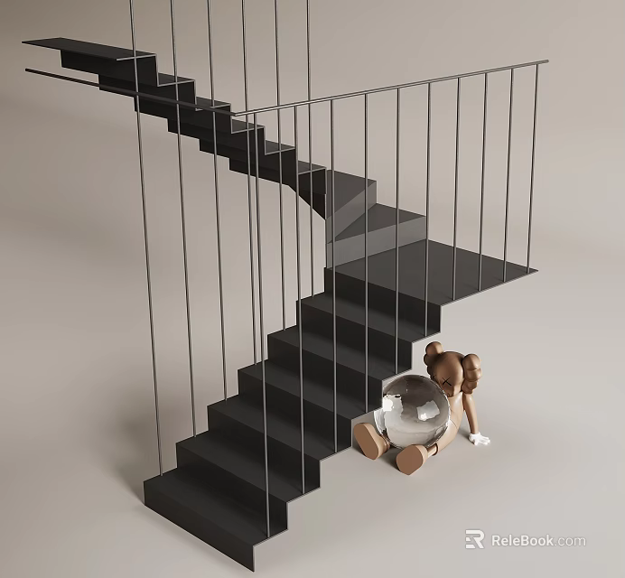 Black Staircase with Metal Railing Teddy Bear and Transparent Ball 3d model 