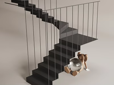 Black Staircase with Metal Railing Teddy Bear and Transparent Ball 3d model