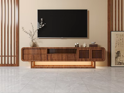 Modern New Chinese Style Solid Wood TV Cabinet With Large Storage And Warm Ambient Lighting 3d model