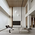 Contemporary Duplex Living Room With High Ceiling Floor to Ceiling Windows Sofa And Pendant Lights
