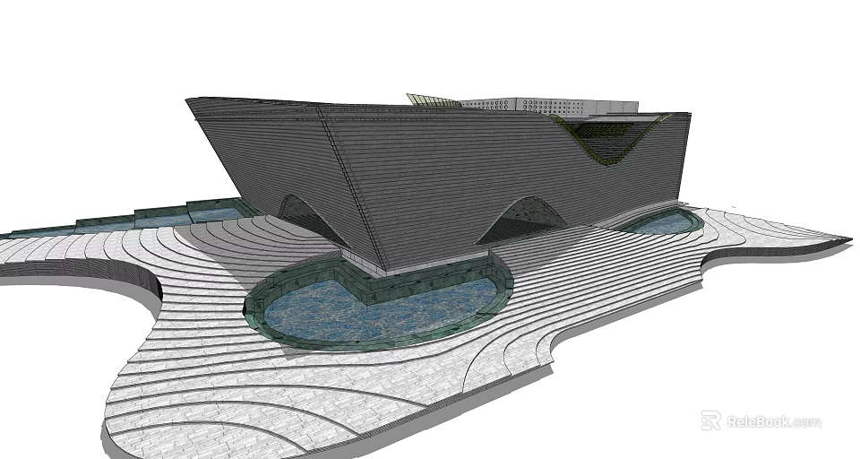 Modern Architectural Structure With Unique Geometric Shape Circular Water Features And Striped Paving 3d model