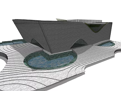 Modern Architectural Structure With Unique Geometric Shape Circular Water Features And Striped Paving 3d model