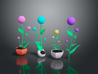 Colorful Spherical Flower Plants in Orange White Gray Pots with Green Leaves on Dark Background 3d model