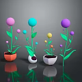 Colorful Spherical Flower Plants in Orange White Gray Pots with Green Leaves on Dark Background