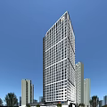 Modern Glass Curtain Wall Skyscraper In Urban Skyline With Surrounding Buildings