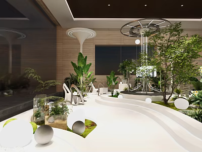 Modern Public Chairs In Indoor Space With Green Plants And White Curved Structures 3d model