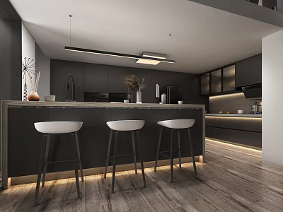 Modern Kitchen Bar Area With Dark Counter Three White Stools And LED Strip Lighting 3d model
