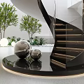 Modern Spiral Staircase In Bright Space With Plants And Decorations