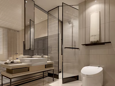 Modern Luxury Bathroom Interior With Frosted Glass Shower Partition Smart Toilet And Elegant Wash Vanity 3d model