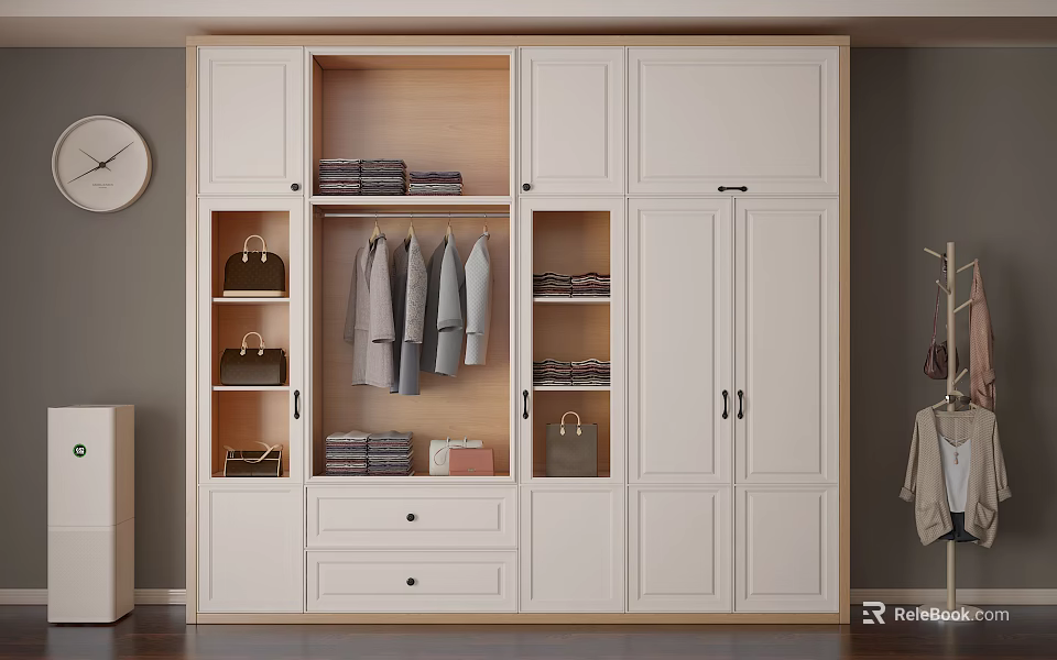 White Modern Wardrobe With Multiple Compartments Hanging Area And Storage Drawers 3d model