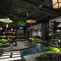 Traditional Chinese Teahouse Interior With Lotus Pond Lanterns Bookshelves And Wooden Tables