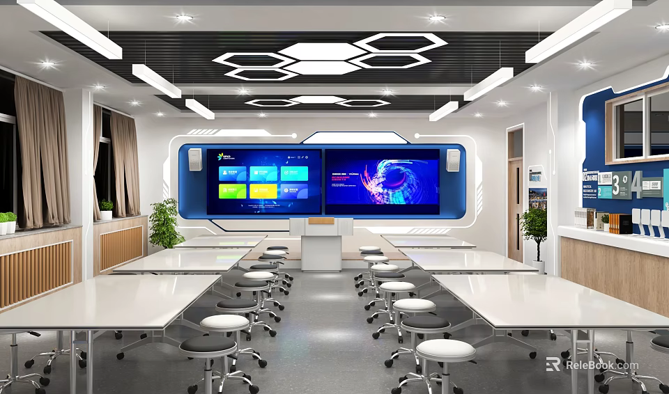 Modern School Classroom With Dual Electronic Screens Neat Desks Hexagon Ceiling Plants 3d model 