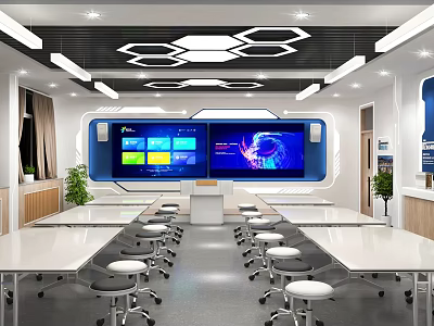 Modern School Classroom With Dual Electronic Screens Neat Desks Hexagon Ceiling Plants 3d model