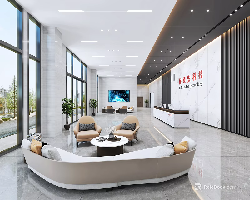 Modern Reception Area Lobby With Sofa Coffee Table TV Screen And Large Windows 3d model 