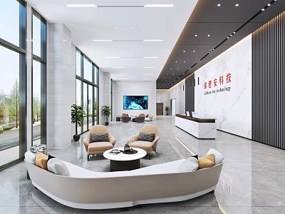 Modern Reception Area Lobby With Sofa Coffee Table TV Screen And Large Windows 3d model