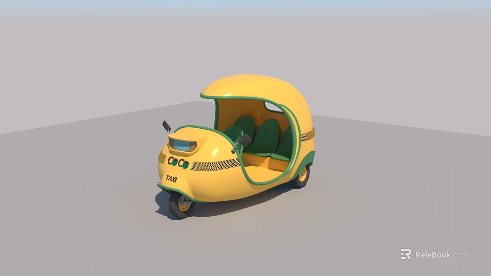 Yellow ECO 150 Electric Tricycle With Semi Enclosed Roof And Green Seats 3d model 