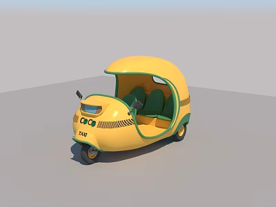Yellow ECO 150 Electric Tricycle With Semi Enclosed Roof And Green Seats 3d model