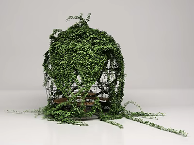 Lush Green Vines Covered Metal Frame Structure With Wooden Seating Inside 3d model