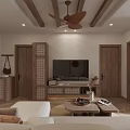 Modern Living And Dining Room Interior With Beige Sofa Wooden Ceiling And Round Rug