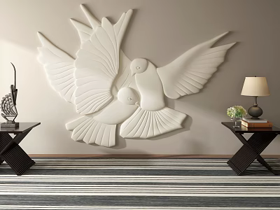 Bed Background Wall Adorned with White 3D Pigeon Decoration Side Tables Lamp and Striped Carpet 3d model