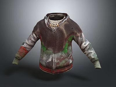 Vintage Distressed Hoodie With Camouflage Sleeves Multicolor Patchwork And Zipper Front 3d model