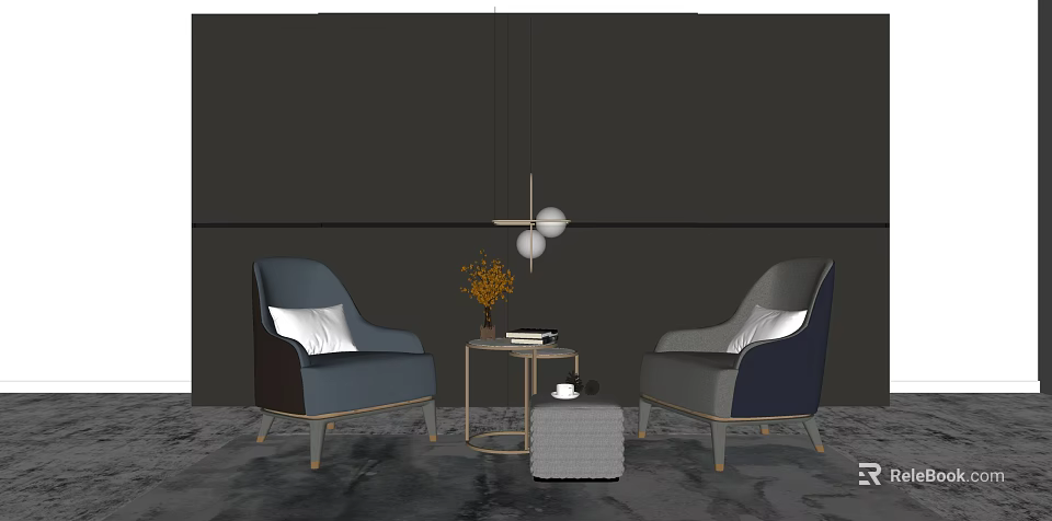 Leisure Sofa Set with Two Blue and Gray Chairs and Round Coffee Table 3d model
