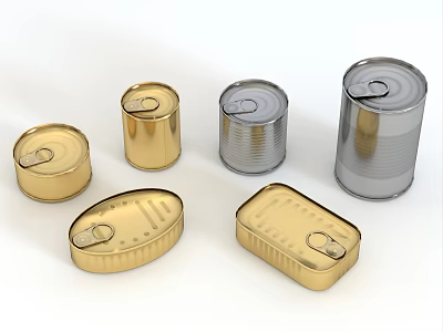 Various Metal Cans In Gold And Silver Colors With Different Shapes 3d model