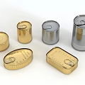 Various Metal Cans In Gold And Silver Colors With Different Shapes