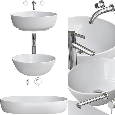 Modern Ceramic Above Counter Washbasin With Round Shape And Chrome Faucet 3d model