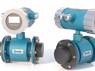 Industrial Flow Meters With Blue Housing Digital Display Directional Arrows And Flange Connections 3d model