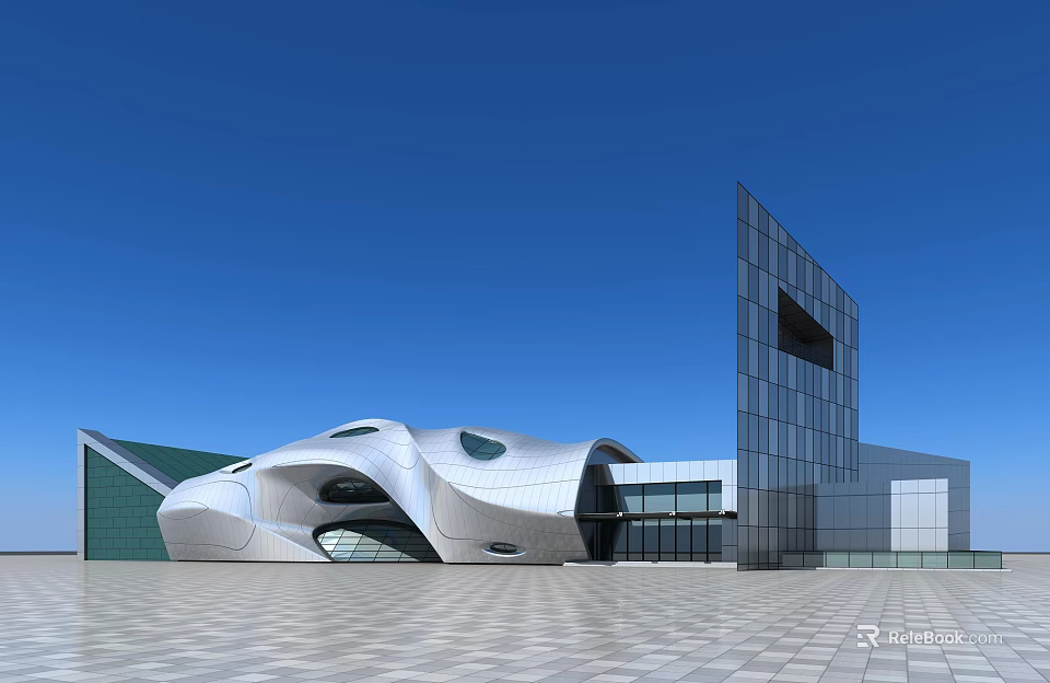 Modern Museum Building With Curved White Structure And Glass Facade Design 3d model 