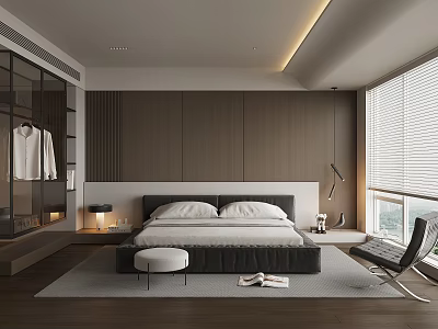 Modern Bedroom Interior With Dark Wooden Walls Large Bed Open Wardrobe And Floor To Ceiling Windows 3d model