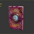 Ornate Decorative Panel With Blue Sphere Center Brown Straps And Orange Accents