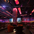 Modern Bar Interior With Colorful Neon Lights LED Screen And Comfortable Orange Seating