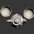 White Ceramic Tea Set With Blue Red Floral Patterns And Yellow Rim Teacups