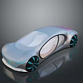 Futuristic Concept Car Featuring Sleek Silver Aerodynamic Body Transparent Elements and Blue Illuminated Wheels